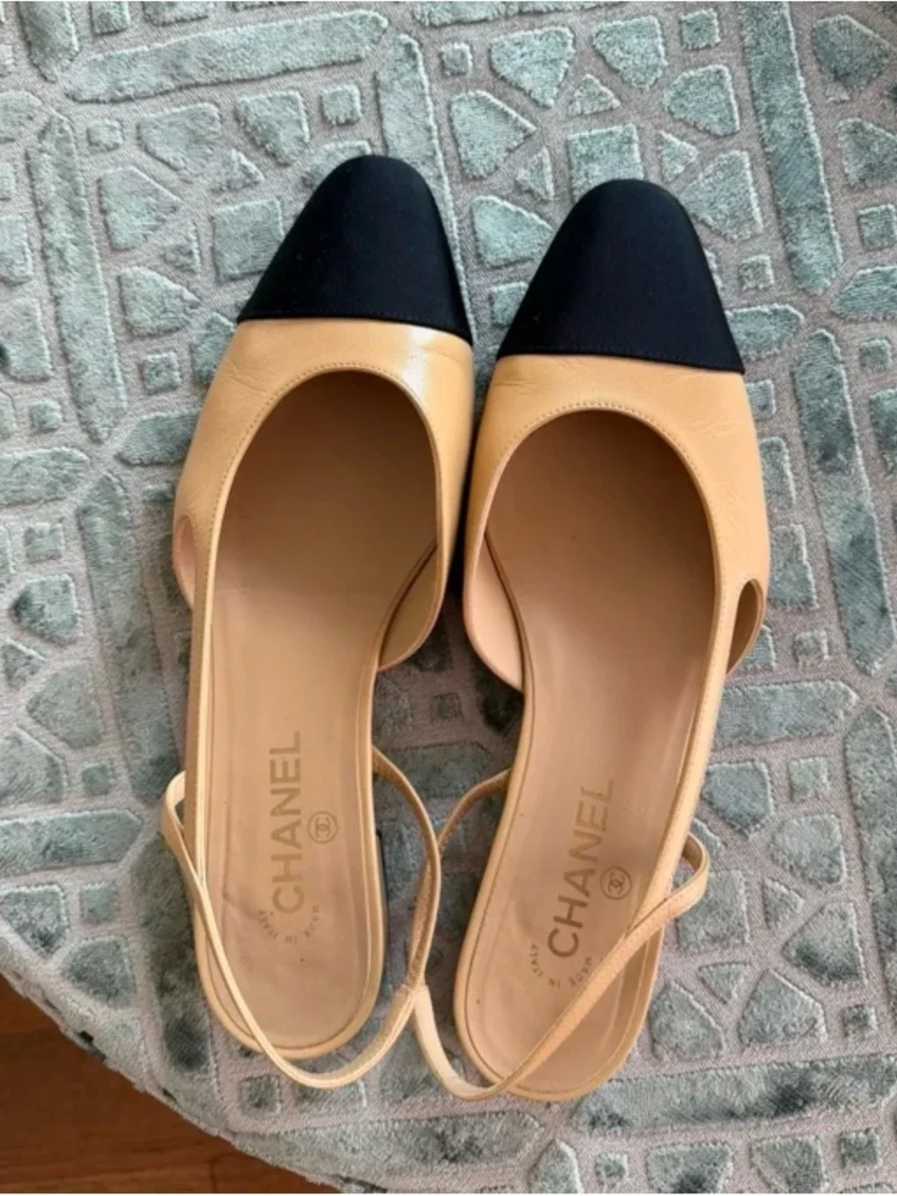 CHANEL Beige Leather Slingback Flats with Black Cap Toe